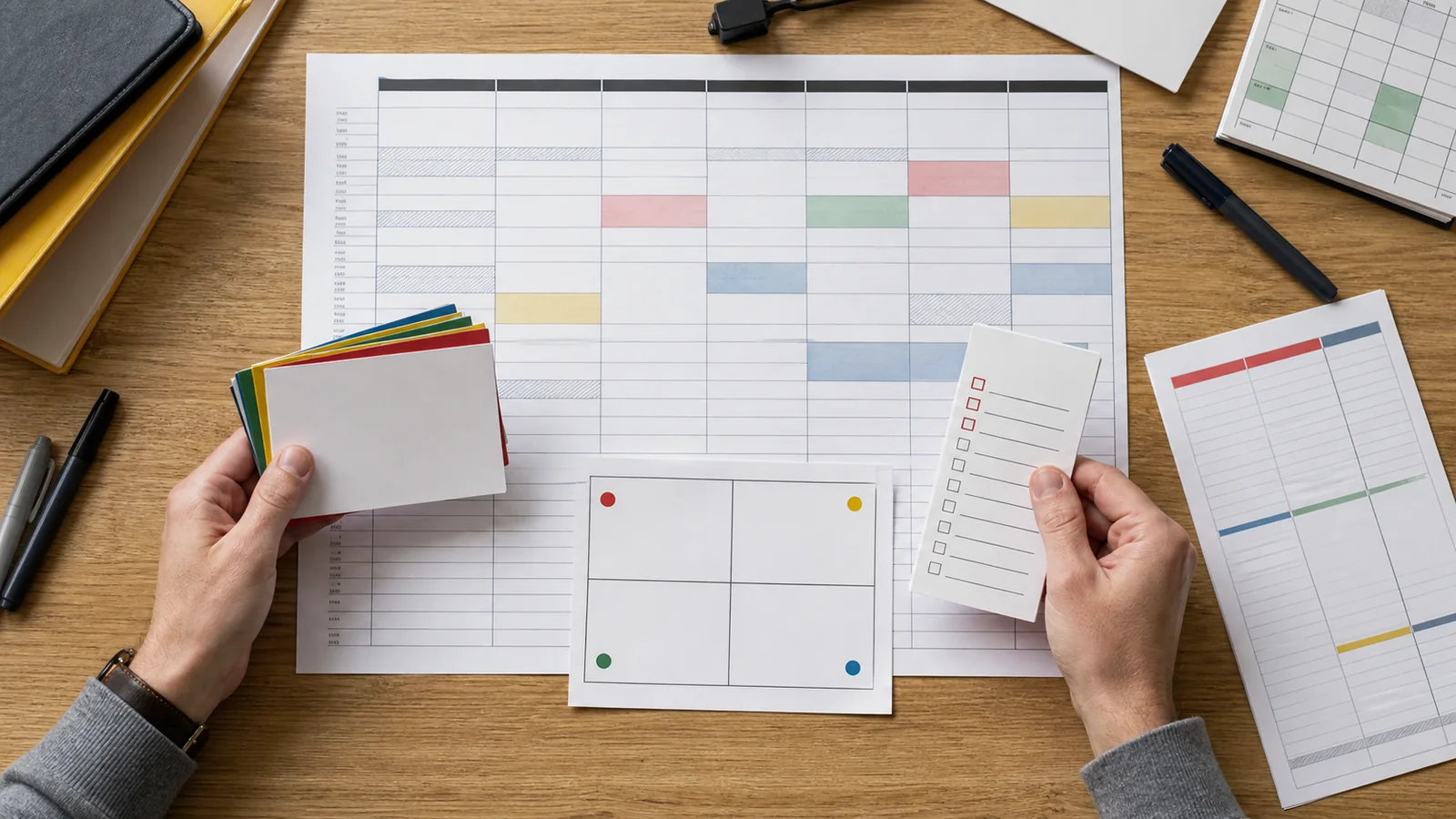 Analoger Wochenplan und einfache Werkzeuge für die Arbeitsorganisation